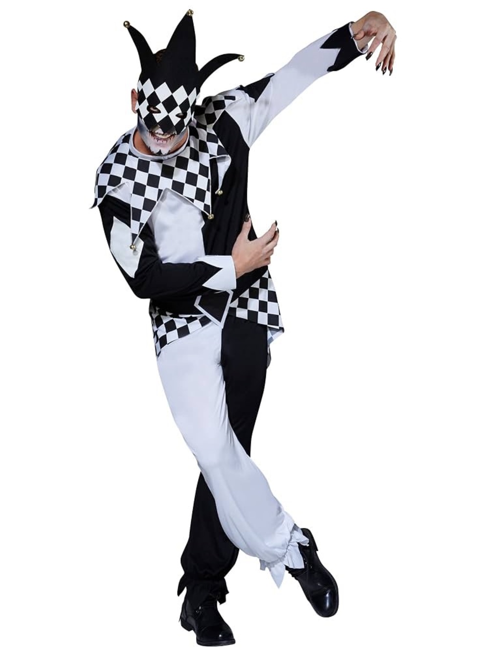 Men’s Jester Costume Black & White Harlequin – Mask, Top & Pants M/L